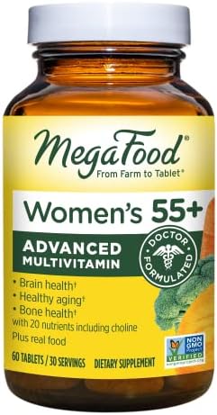MegaFood Women's 55+ Multivitamin - Multivitamin with Vitamin D, B12, Biotin, Zinc, and Choline - Non-GMO, Gluten-Free, Vegetarian & Made without Dairy and Soy - 60 Tabs (30 Servings)