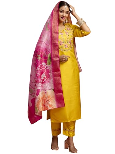 Image of VredeVogel Women's Silk Blend Embroidered Kurta Pant Set with Jacquard Dupatta | Modern & Traditional Blend Ethnic Wear Set