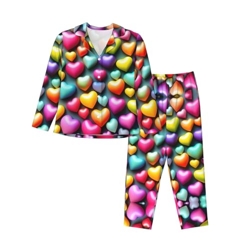 Pyjama cœurs arc-en-ciel femme 2 pièces manche longue coton confortable