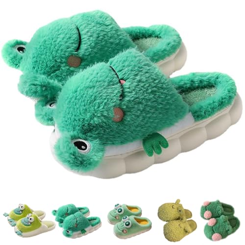 Frog Slippers Fuzzy Green Frog Slippers Cute Frog Indoor Winter Slippers Fluffy Plush Warm Indoor Outdoor Slippers Shoes for Women Men (9.5-10 Women/7.5-8 Men, Green Tree Frog)