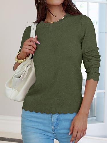 ANRABESS Sweaters for Women Loose Fit Lightweight Soft Dressy Scalloped Long Sleeve Pullover Tops 2026 Fall Casual Outfits Army Green — view 5