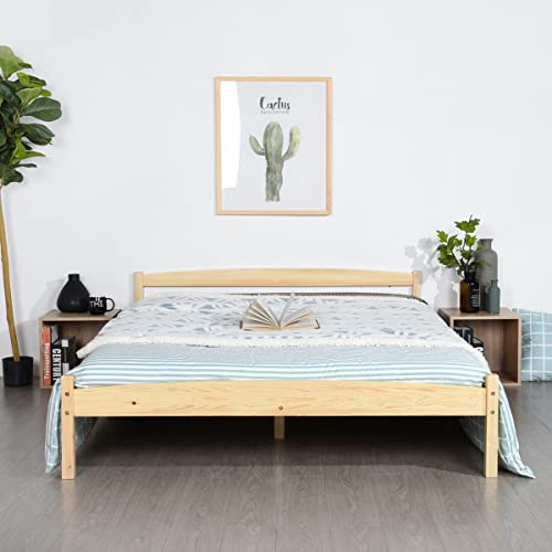 FetiNes Lit Double Cadre de Lit en Bois Massif 140x190cm avec Sommier en Lattes, Solide pour Enfants Adultes, Bois
