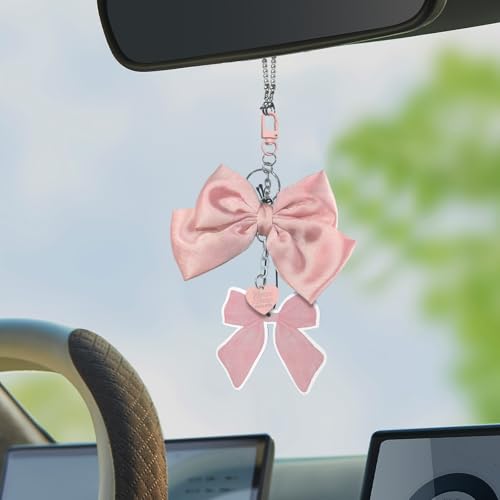 Pink Bow Rear View Mirror Hanging Ornament, Cute Car Accessories for Women & Girls, Car Interior Decor Charm,Rear View Mirror Decorations, Girly Auto Accessories Hanging car Charm