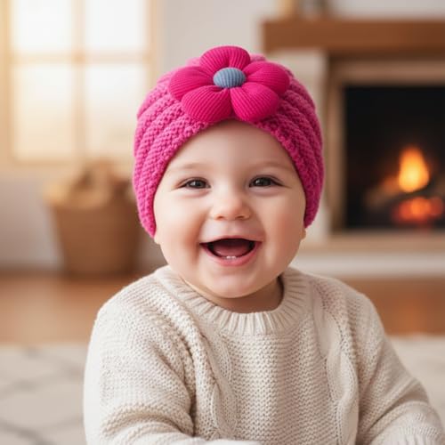 Image of SYGA Baby Cap Flower Wool Warm Knitted Streachable Hat Infant Toddler Baby Cap 0-3 Years