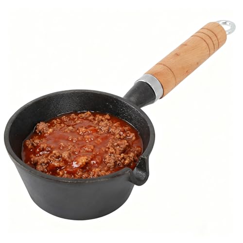 Tissting Cazo Hierro, 13 x 5 cm Sartén para Leche con Madera Mango, Mini Sartén para Huevos Sartenes Pequeñas Cazo Antiadherente para Estufa de Gas, Inducción