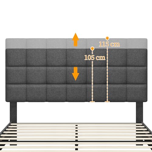 Yaheetech Polsterbett 140 x 200 cm Doppelbett mit Höhenverstellbarem Kopfteil, Stabiler Bettrahmen Stoffbett mit Lattenrost, Gepolstertes Bettgestell Jugendbett, Dunkelgrau