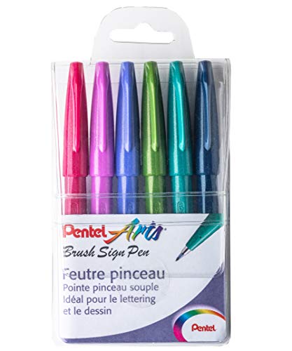 Pentel Arts Brush Sign Pen SES15C/6TREND, Pochette de 6 Feutres pinceaux, Assortiment de Couleurs tendances Trend