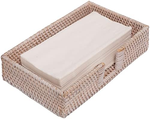 Rattan Guest Towel Holder For Bathroom Towel Caddy Rectangular Napkin Tray 9.4 x 5.9 x 2.4 inches Wicker Toilet Tank Basket Tissue Paper Hand Towels Storage Countertop (Guest Towel, White Wash)