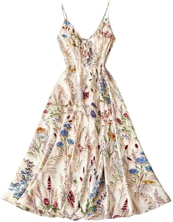 SOLY HUX Women's Summer Floral Dress Bow Tie V Neck Spaghetti Str...