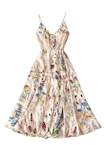 SOLY HUX Women's Summer Floral Dress Bow Tie V Neck Spaghetti Strap A Line Flowy Midi Dresses Boho Vacation Sundress