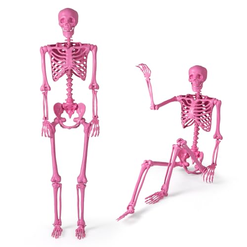 Goplus 5.5 FT Halloween Pink Skeleton Life-Size Poseable Skeleton with Movable Joints & Hanging Rope for Graveyard Prop Haunted House and Party Indoor & Outdoor Decorations