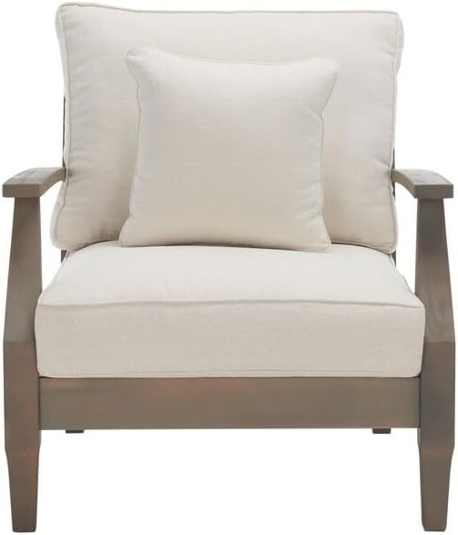 SAFAVIEH Couture Outdoor - Martinique Armchair - Light Grey & Beige - Solid Wood - Slatted Coastal Design - Ideal for Patio, Deck, Porch, Backyard, 18.3" Seat Height (CPT1011C)