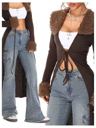 MakeMeChic Women's Contrast Faux Fur Long Sleeve Sweater Tie Front Rib Knitted Long Cardigan3
