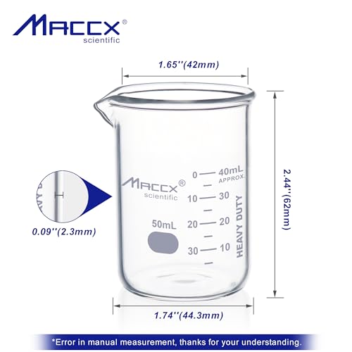 Maccx 1.7oz(50ml) Sturdy Glass Beaker, 3.3 Borosilicate Griffin Low Form with Printed Graduation, Pack of 24, BKL050-024