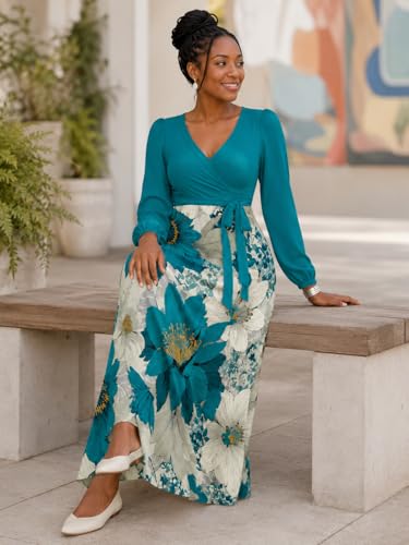 Image of PinkPatty Plus Size Dresses for Curvy Women V Neck Flowy Long Sleeves Wrap Maxi Dress Travel Vacation Outfits