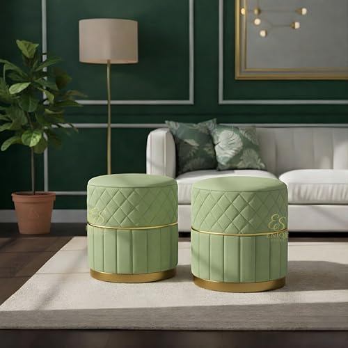 Image of Set of 2 Round Velvet Ottoman Footstool Gold Base - Tufted Upholstered Pouffe Stool for Living Room, Bedroom & Dressing Area (Pista Green)