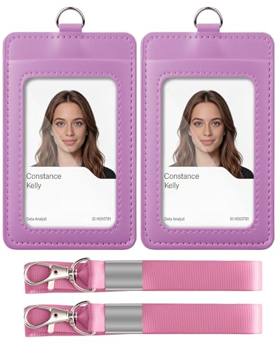 2 Pack ID Badge Holder with Lanyard, PU Leather Lanyards for ID Card Badges Vertical for Work School IDs, Cruise Ship Cards, Hotel Key Cards, Pass Cards (Pink)