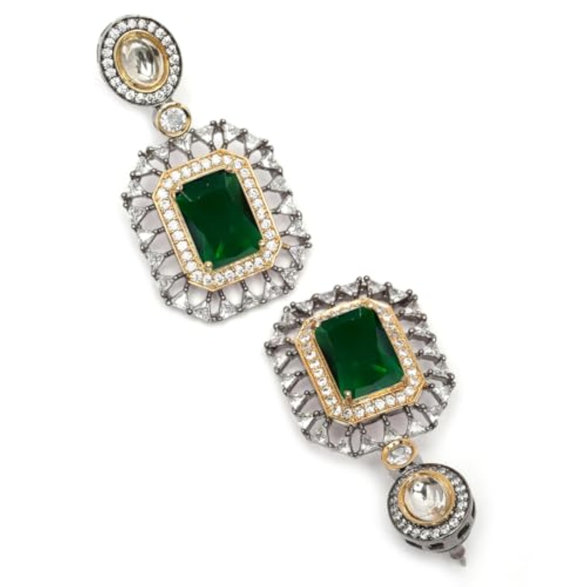 Black Silver Plated Lime Green American Diamond Studded Drop Earrings