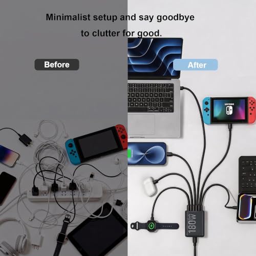 180W USB C Charging Station, 6-Port GaN Fast Charger Block with 3 USB-C 45W & 3 USB-A 15W, Multiport Desktop Charger for MacBook, iPhone 17/16/15, iPad, Galaxy, Switch, Travel, Home Office, Black - Image 6