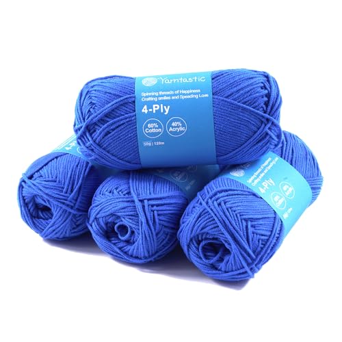 Yarntastic 50g x 4 Balls in a Pack, 4 Ply Cotton Acrylic Blended Yarn, 43 Colour Choices; for Knitting, Crochet, Amigurumi, Turfing; for Baby Blanket, Clothing and Many Other Projects (Blue 55)