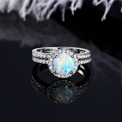 Mdfun 18K White Gold Plated Created Opal Round Cubic Zirconia Promise Band Two In One Engagement Halo Ring For Women Jewelry Gifts Size 7 #TOP4