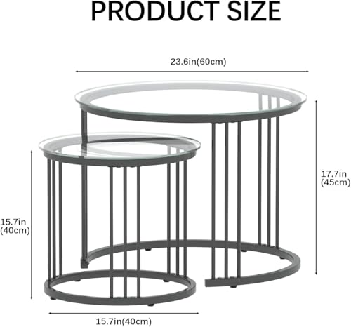Huhote Round Coffee Tables, Set of 2 End Table, Nesting Tables, Side Table with Metal Frame for Living Room/Bedroom/Balcony/Office/Apartment, Diameter 23.6/15.7 IN (Black with Clear Glass) - Image 2