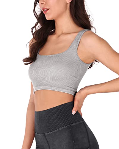 Ododos Women's Seamless Crop Tank 2-Pack Ribbed Knit Back Cami, Acid Wash Grey+Black, X-Large/Xx-Large #TOP18