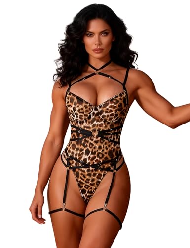 Image of comeondear Womens Sexy Leopard Print Teddy Bodysuits Plus Size Lingerie Sets Basque Suspender Sexy Rave Outfits Body Suit Boudoir Underwear Sets with Steel Ring UK 12 14