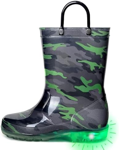 OUTEE Toddler Boys Rain Boots Little Kids Baby Light Up Waterproof Rubber Shoes Printed Mud Lightweight Adorable with Easy-On Handles Non Slip Sole Black Green Camo Size 8