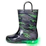 Outee Boys Rain Boots Little Kids Child Light Up Waterproof Rubber Shoes Printed Mud Lightweight Adorable with Easy-On Handles Non Slip Sole LED Black Green Camo Size 3