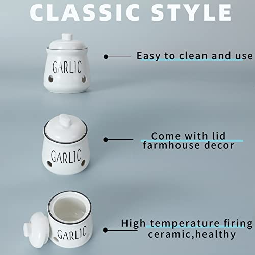 Garlic Keeper With Lid, Ceramic Mini Garlic Container Saver For Countertop, Keep Your Garlic Cloves Fresh, White #TOP3