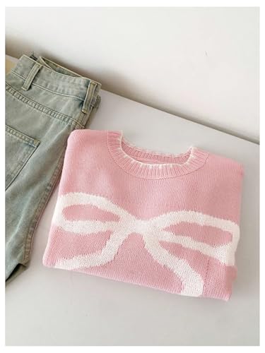 SweatyRocks Girl's Cute Bow Sweater Crew Neck Long Sleeve Drop Shoulder Pullover Knit Top4