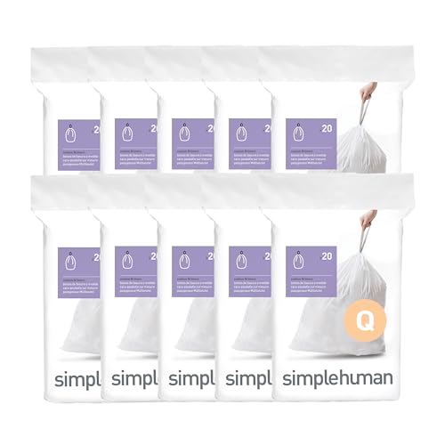 simplehuman Code Q 200 Count Custom Fit Liners Drawstring Kitchen Trash Bags One-by-One Mess-Free Dispense Extra Thick & Double Seamed 50% PCR Plastic 50-65 Liter / 13-17 Gallon White