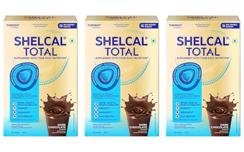 Image of Shelcal Total - Powered by Protein, Multi-Vitamin, Multi-Mineral & Prebiotic supports Bone, Joint & Muscle, Immunity, Gut Health, No Added Sugar (Dark Chocolate) 400g - By Torrent Pharma, Pack of 3