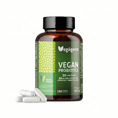 Vegágeno Probióticos y Prebióticos Intestinales 180 cápsulas Vegetales, 30 Cepas Bacterianas, 80 Billones UFC - con Zinc. Tambien Probioticos mujer flora intima. Apto para Veganos. Sin Gluten.