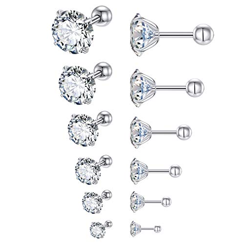 Lateefah 6 Pairs Stainless Steel Earrings Studs Hypoallergenic Piercing Cubic Zirconia Stud Earring for Women & Girls