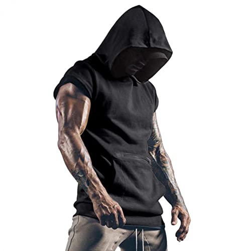 Mens Hoodies Men's Muscle Bodybuilding Sleeveless Hoodies Gym Workout Hooded Tank Tops T-Shirts Tee Shirts Vest Tops Black #TOP28