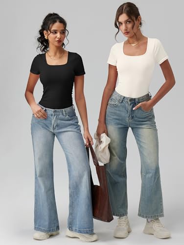 OQQ Women Bodysuits Ruched Short Sleeve Square Neck Stretch Lounge Travel Bodysuits4