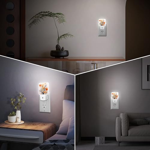 Image of LED Night Light Lamp with Smart Sensor Dusk to Dawn Sensor,Bright Orange Flowers Night Light Daylight White,0.5W Plug-into Wall for Adults,Bedroom,Bathroom,Hallway,Kitchen