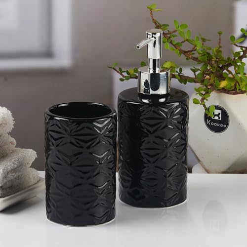 Image of Kookee Ceramic Bathroom Set - Stylish 2 Piece Bath Accessories Kit with Soap Dispenser, Toothbrush Holder - Modern & Designer Decor for Home & Guest Bathrooms, Black (11112)
