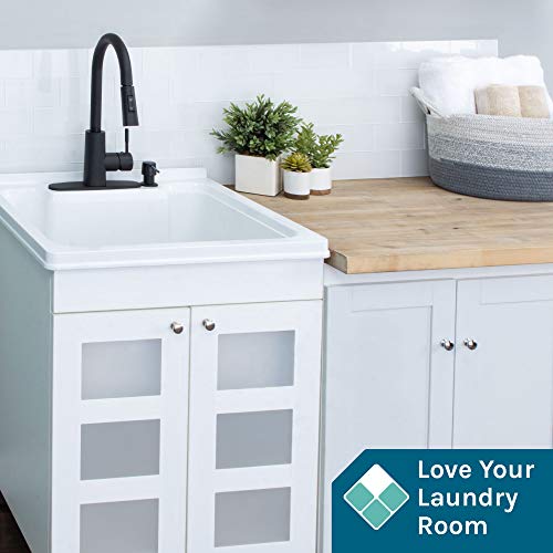 Js Jackson Supplies Utility Sink With White Vanity Cabinet, Black High-Arc Pull-Down Sprayer Faucet, Soap Dispenser And Spacious Vanity For Laundry Room #TOP2