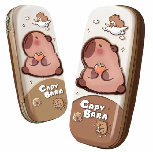 Estojo Escolar 3D Capivara, Design Kawaii, Organizador Duplo Zíper, Marrom