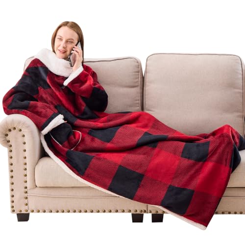 IFNOW Sherpa Wearable Blanket with Footpocket,Oversized Snuggle Robe,Plaid