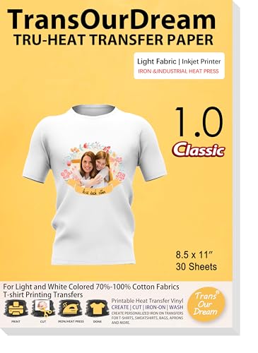 TransOurDream Heat Transfer Paper for Light T Shirts (30 Sheets, 8.5x11") Iron on Transfer Paper for Light & White Fabrics Printable Heat Transfer Vinyl for Inkjet Printer(L1-30)