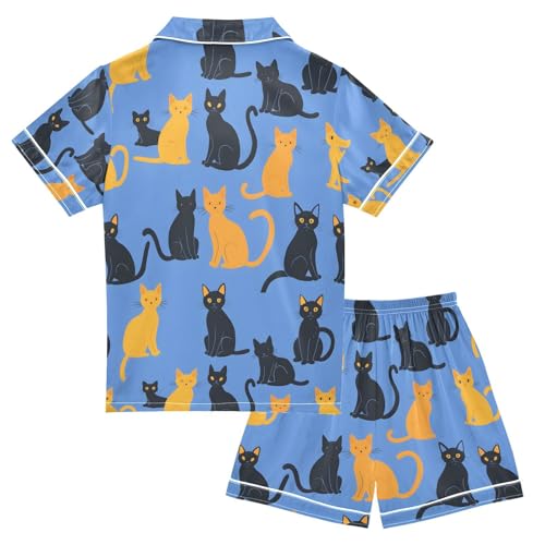 ALAZA Blue Yellow Cat Kitten Pajamas Satin Pajama Set Short Sleeve Button Down Sleepwear2