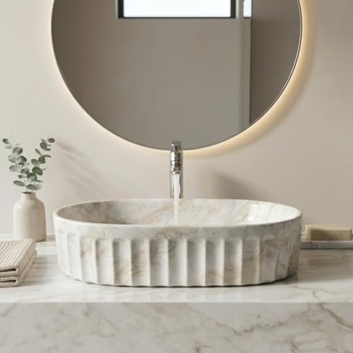 Image of BASSINO 22x14x6 Inches Ceramic Table Top Wash Basin /Designer Bathroom Sink /Glossy Countertop Vessel Basin /Oblong-Oval Above Counter Basin /Wash Basin for Bathroom /Dining Hall(White and Beige Marble)