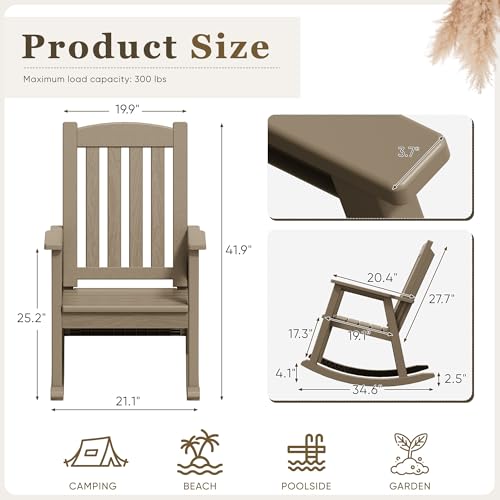 Greesum Outdoor Rocking Chair, All-Weather Patio Rocker, Rust-Proof & UV-Resistant, Seat for Deck, Porch, Lawn, or Garden, Light Coffee - Thumbnail 3