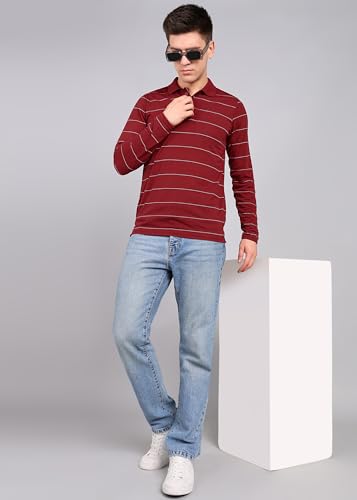 Image of INKKR Men Full Striped Polo Neck Cotton Blend T-Shirt