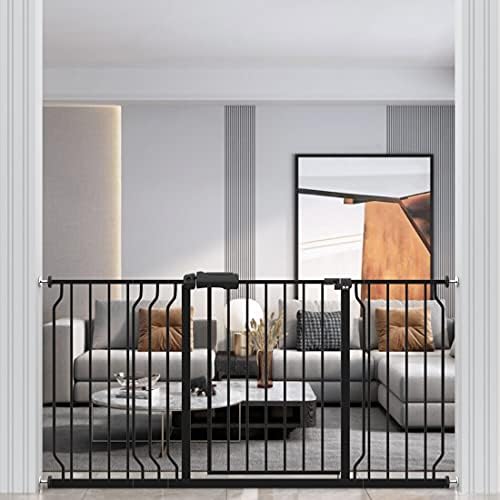 WAOWAO Baby Gate 57.48-62.60inch Extra Wide Pressure Mounted 58 59 60 61 62 Inches Walk Through Swing Auto Close Safety Black Metal Toddler Kids Child Dog Pet Puppy Cat for Stairs, Doorways, Kitchen