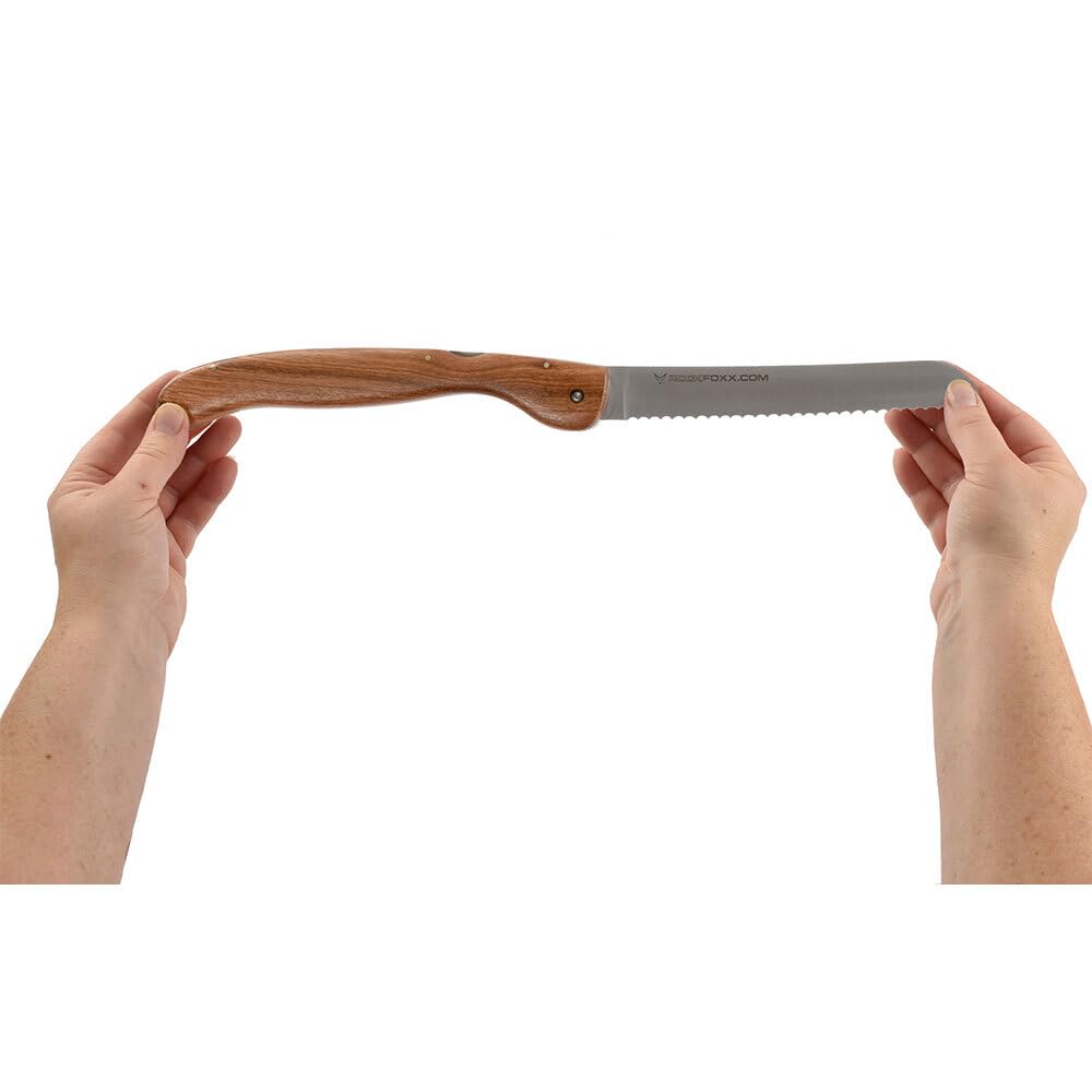 FOXXKNIFE składany nóż do chleba, scyzoryk, duży nóż 18,5 cm, bez grawerowania laserowego, uchwyt z drewna korzeniowego, ostre ząbkowanie, idealny na kemping, offroad, poszukiwacz przygód w przyczepie